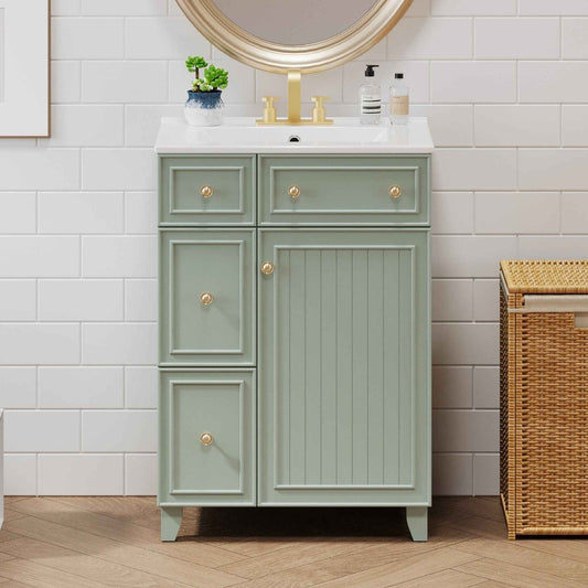 Exbrite 24-Inch Green Bathroom Vanity with Ceramic Sink and Soft-Close Storage