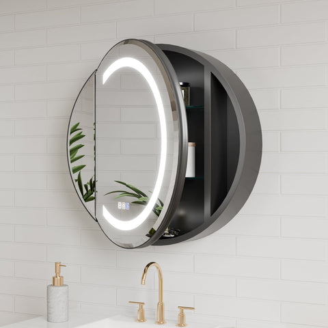 Hola 24" Round LED Medicine Cabinet with Black Frame - Anti-Fog, Dimmable Lighting, Surface Mount