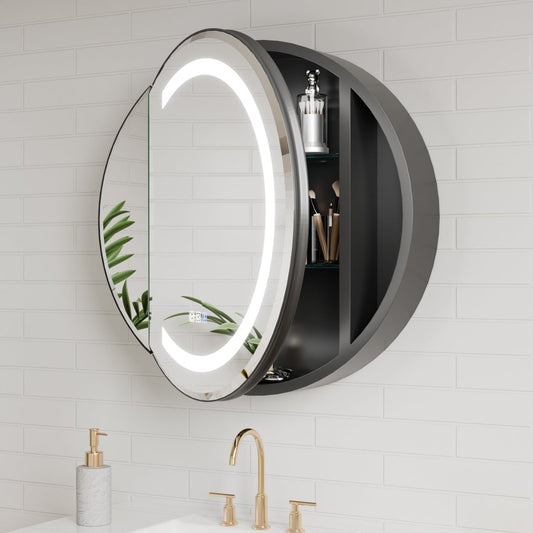 Hola 26" Round LED Medicine Cabinet – Black Frame, Anti-Fog, Dimmable Lighting, Surface Mount - ExBriteUSA