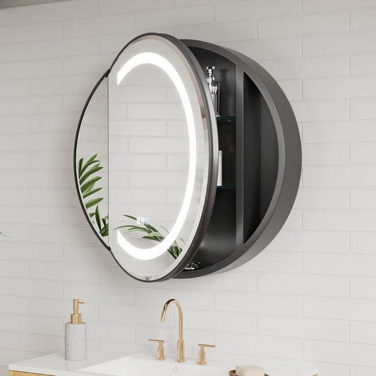 Hola 28" Round LED Medicine Cabinet – Black Frame, Anti-Fog, Dimmable Lighting, Surface Mount - ExBriteUSA