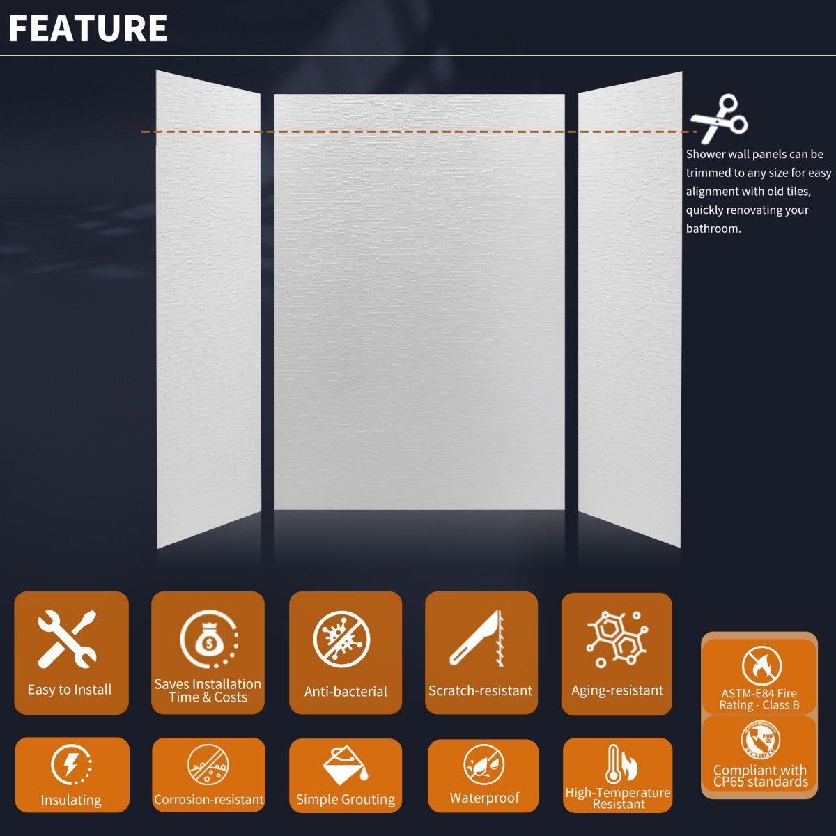 Huck - C Solid Surface 60" W x 76" H Tile Tub and Shower Wall Panel Surround, Quick Install,Cuttable,Textured Concrete,36in