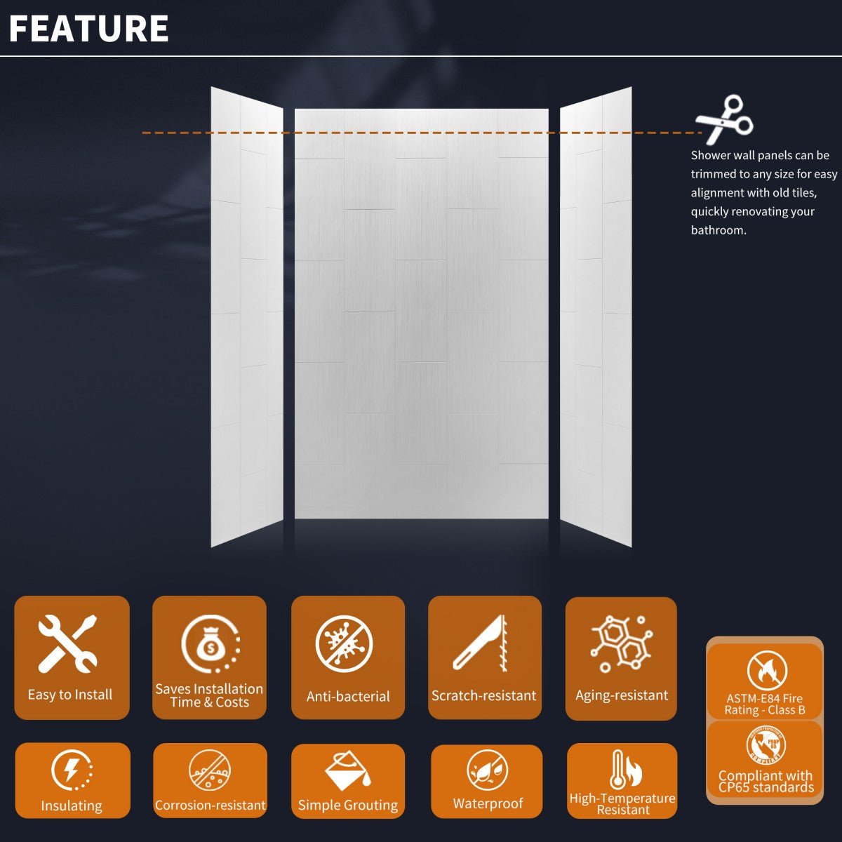 Huck - V Solid Surface 60" W x 76" H Tile Tub and Shower Wall Panel Surround, Quick Install,Cuttable,Big Tile Pattern,32in