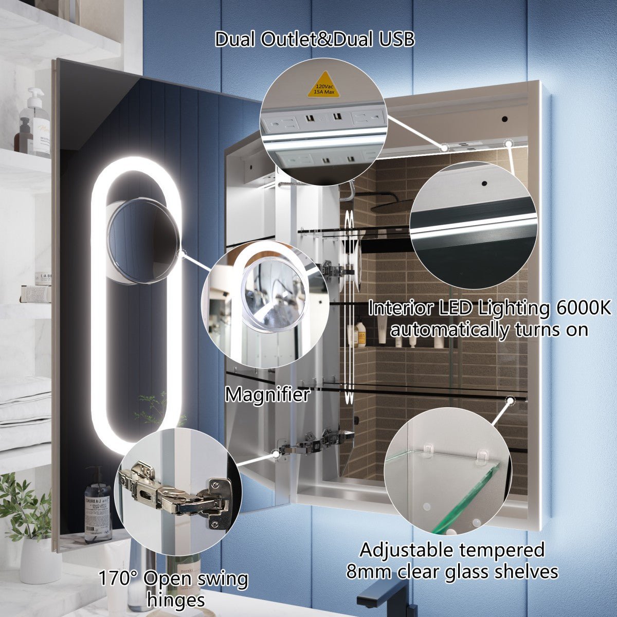 Bathroom mirror with LED lighting, dual outlets, and magnifier, featuring close-up details.