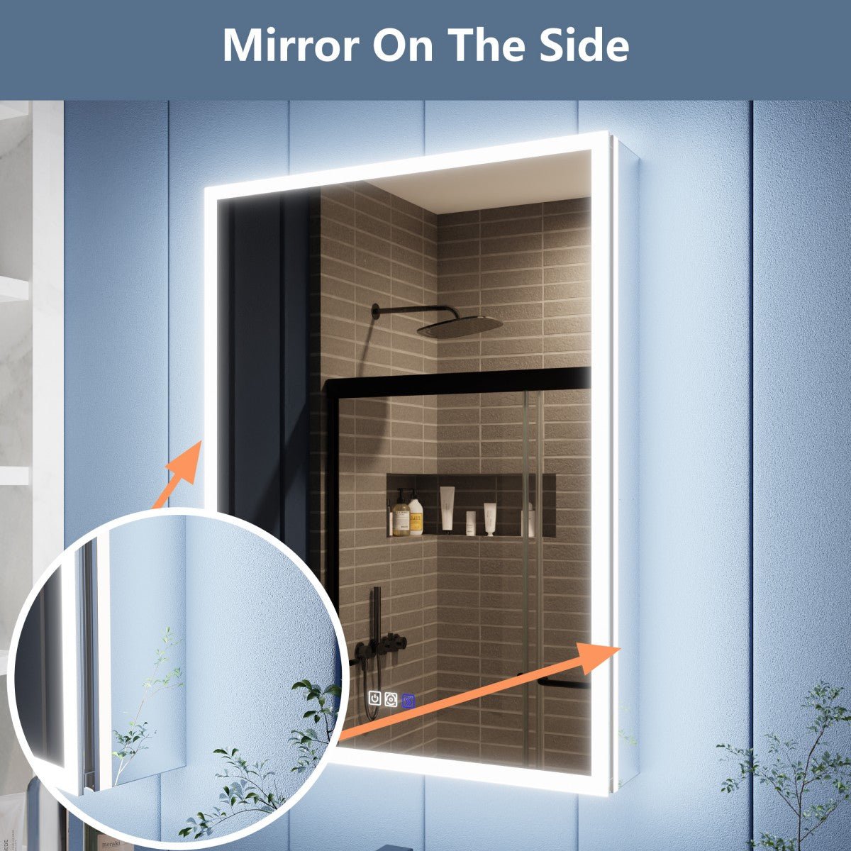 Bathroom mirror with a side view showing a shower area.