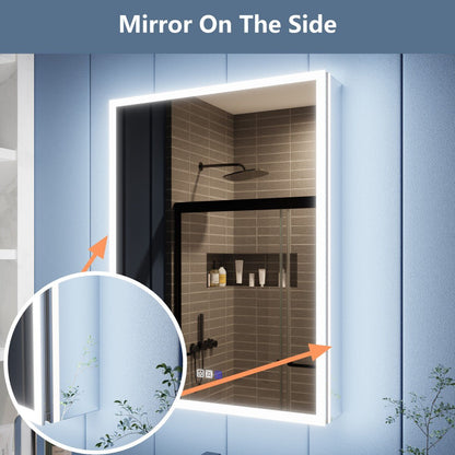 Bathroom mirror with a side view showing a shower area.