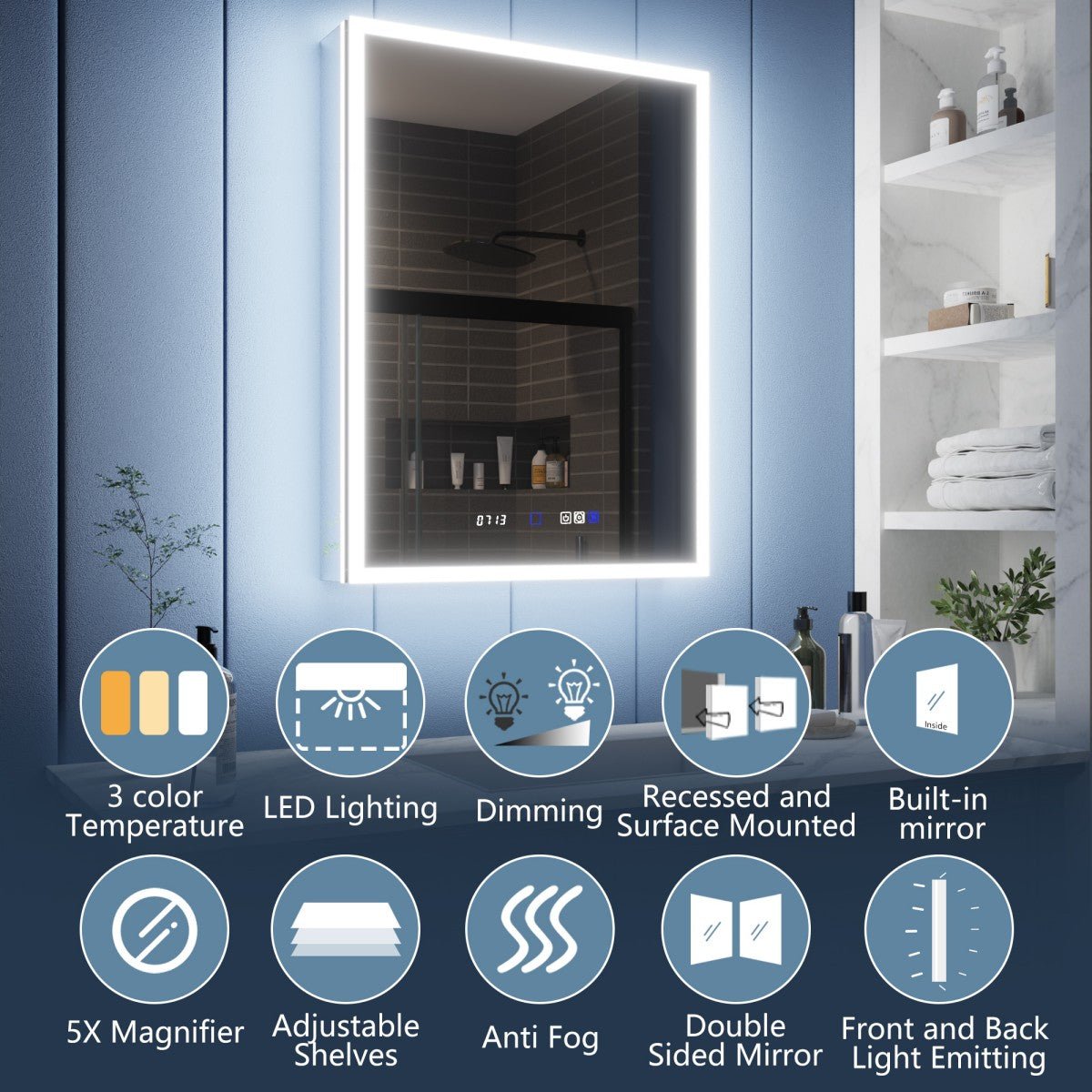 Illusion 24" x 36" Medicine Cabinet with Mirror LED, Front and Back Light, Hinge on Left