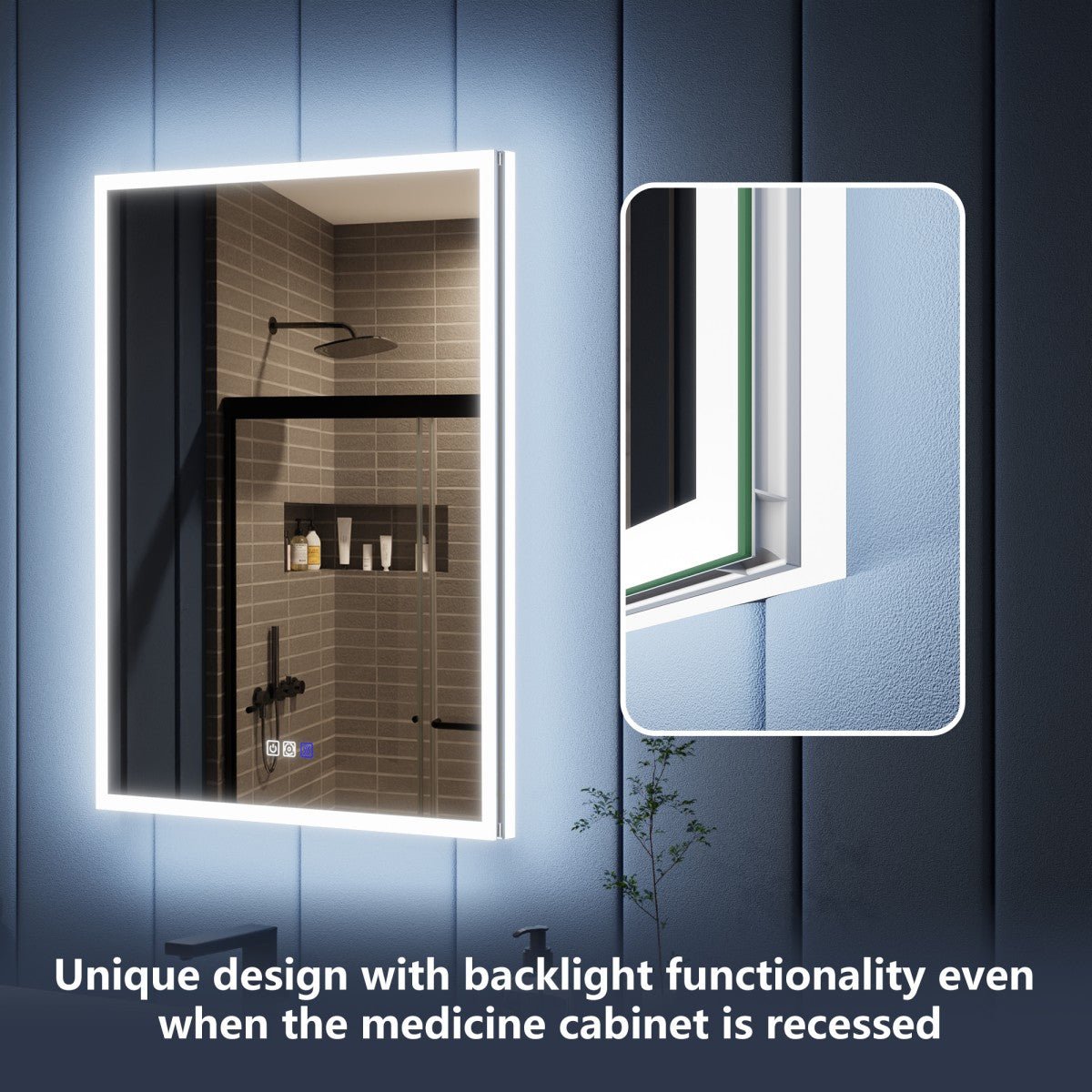 Bathroom mirror with backlight functionality on a blue wall.