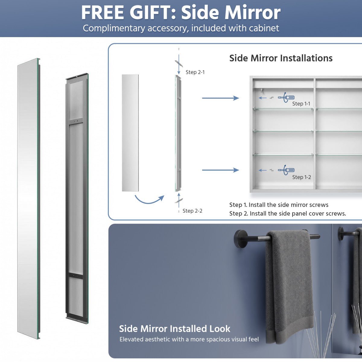 Promotional graphic for a bathroom side mirror set, showing the mirror panel, cabinet frame, installation diagram, and installed look with text callouts and a free gift message.