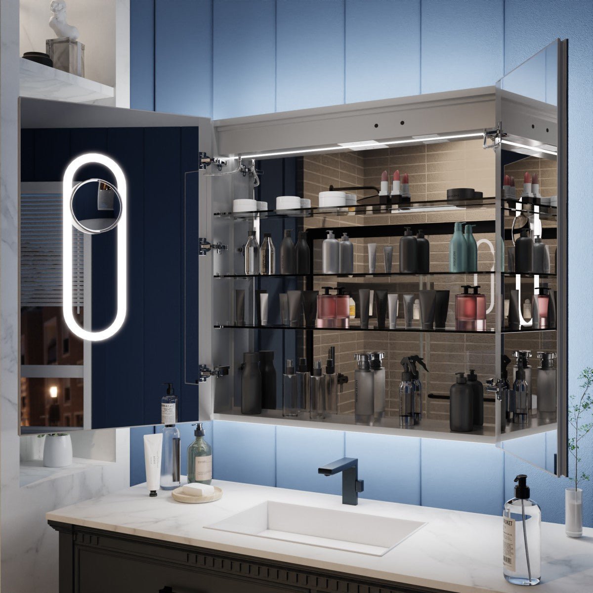Illusion 36 x 36 inch LED medicine cabinet with open mirrored storage