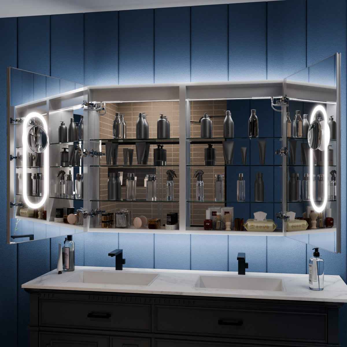 Illusion 48 x 32 inch LED medicine cabinet with open mirrored storage and clock