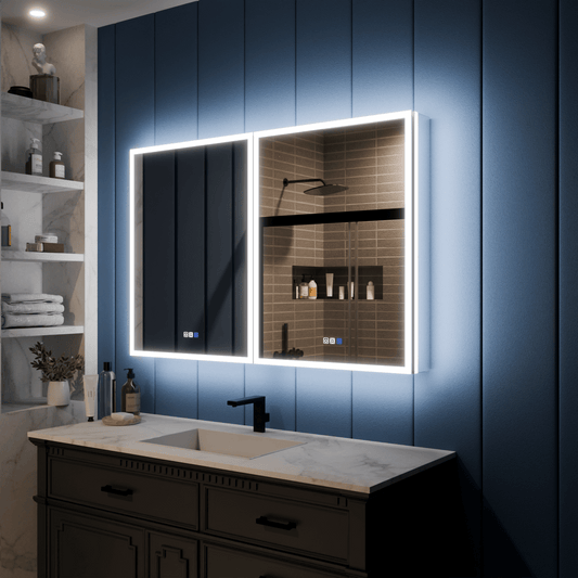 Illusion 48" x 32" LED Lighted Medicine Cabinet with Magnifiers Front and Back Light-with Clock