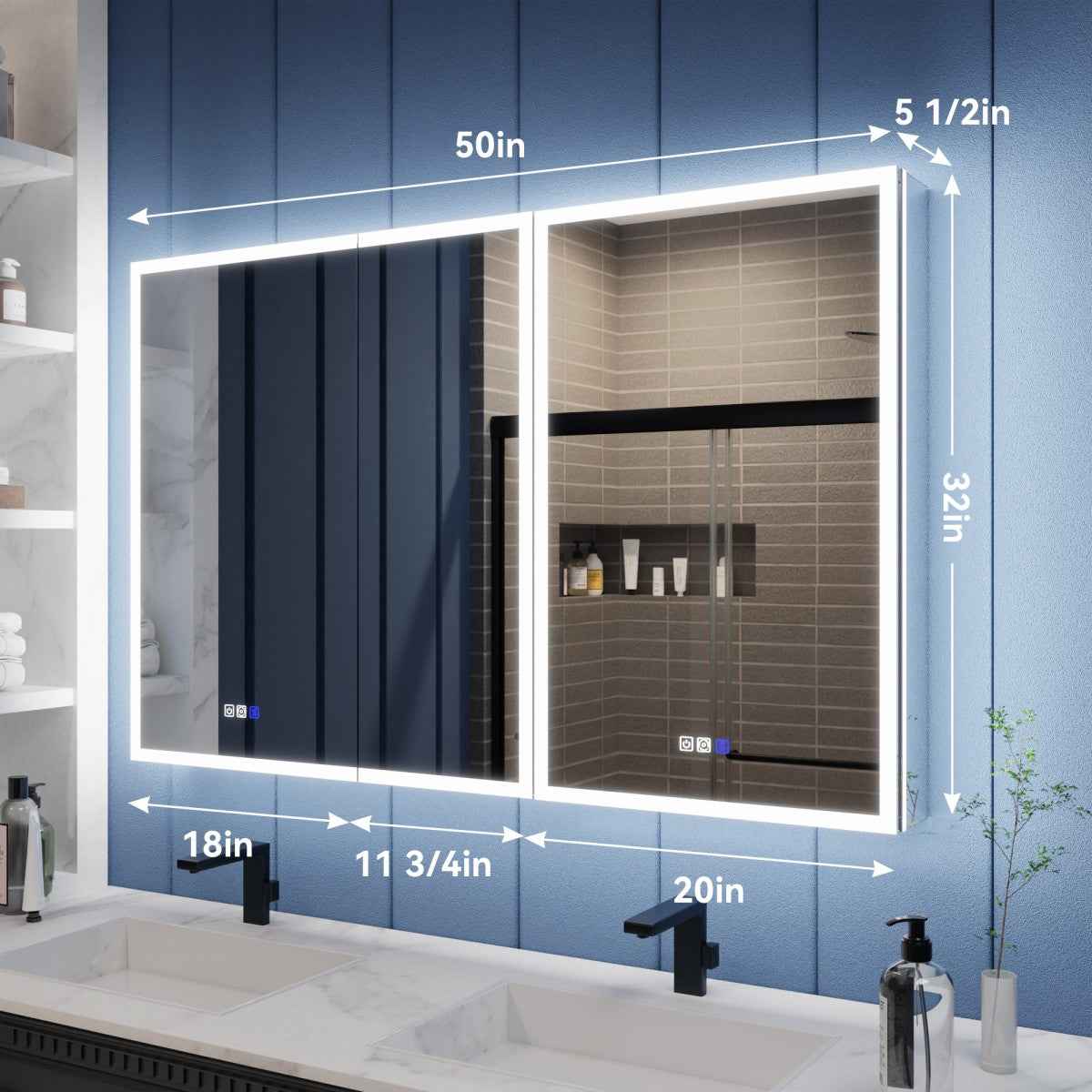 Illusion 50 x 32 inch lighted medicine cabinet installed above a bathroom vanity