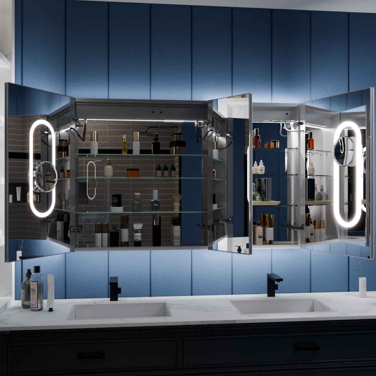 Illusion 50 x 32 inch LED medicine cabinet with open mirrored storage