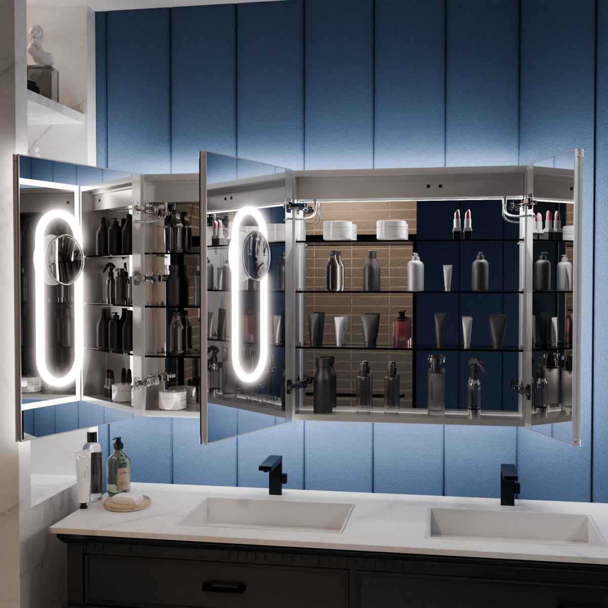 Illusion 54" x 32" LED Bathroom Mirror Medicine Cabinet with Magnifiers Front and Back Light