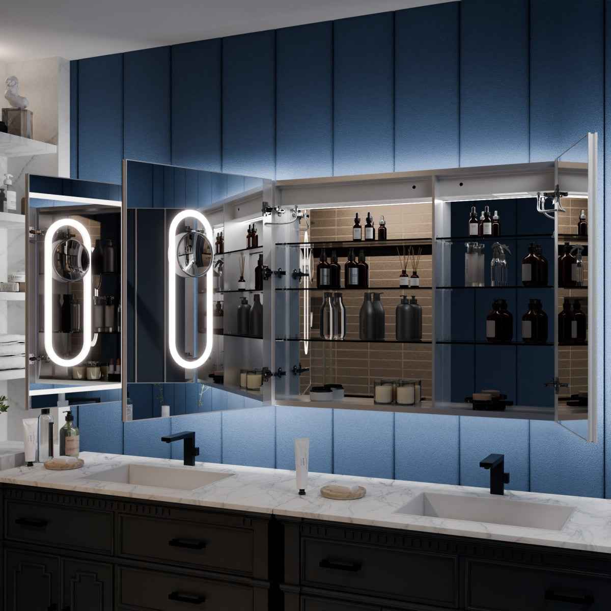 Illusion 60 x 32 inch LED medicine cabinet with open mirrored storage