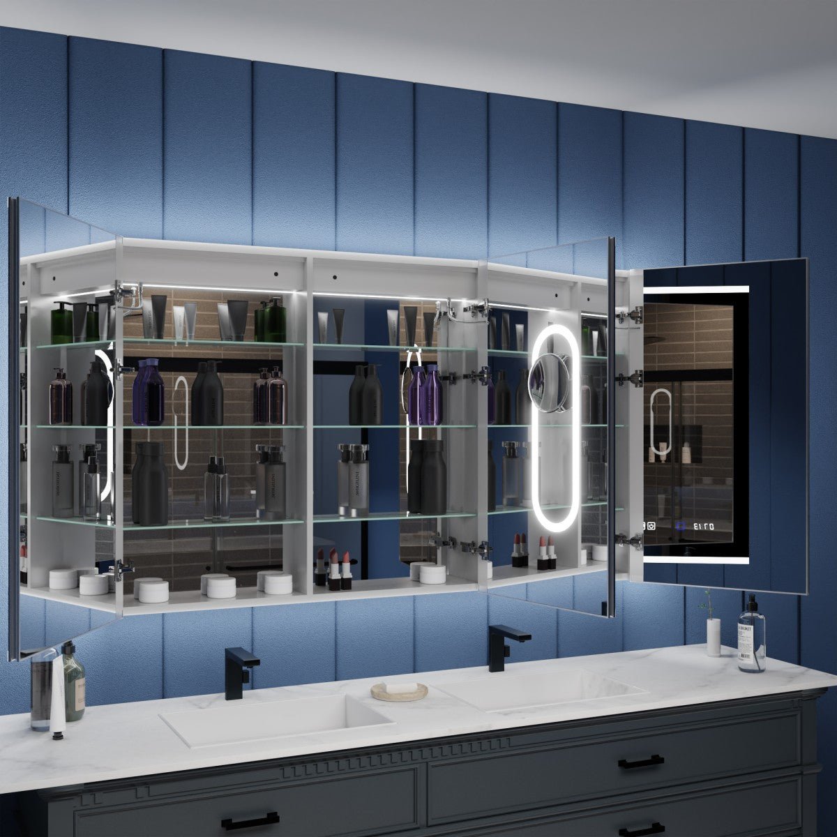 Illusion 60 x 36 inch LED medicine cabinet with open mirrored storage