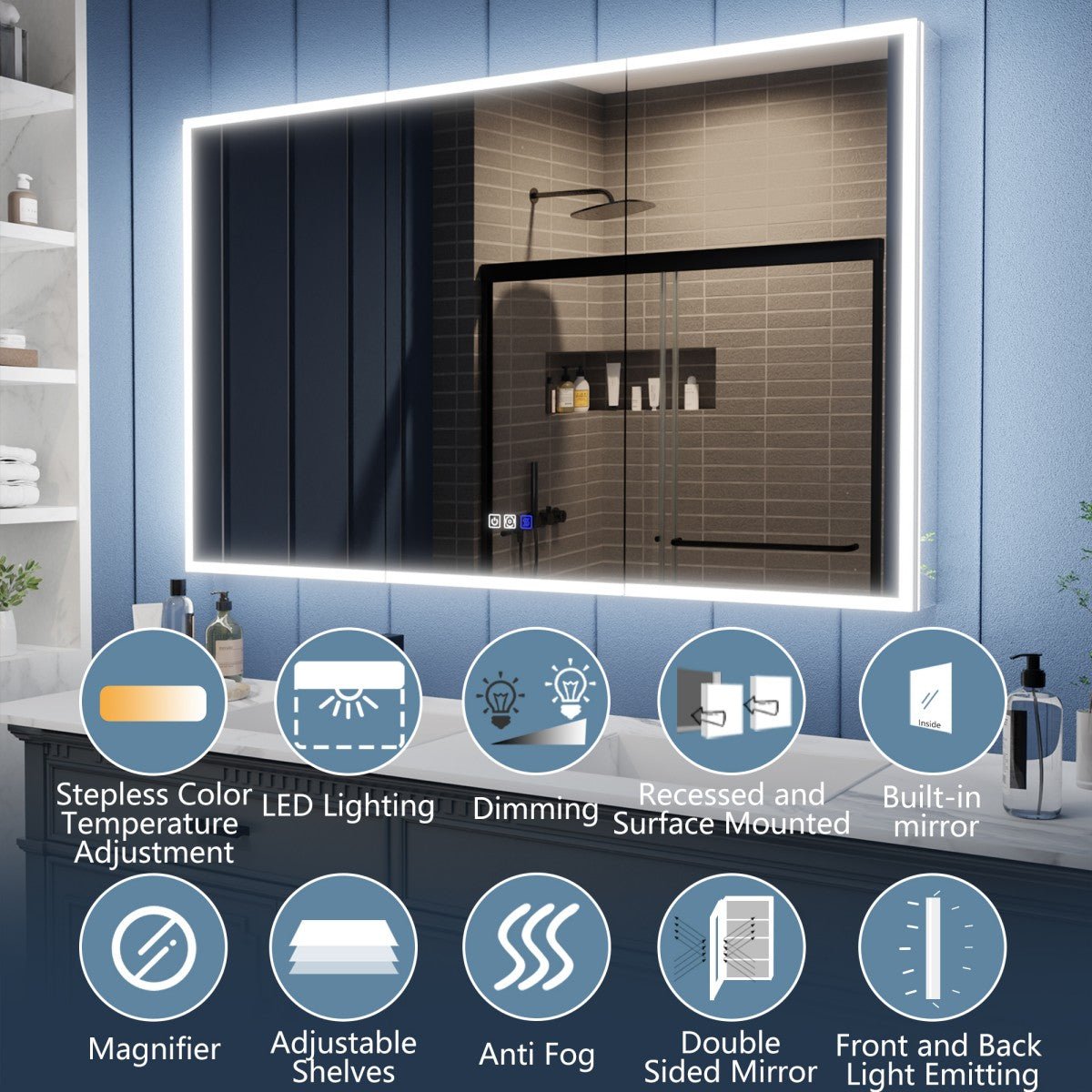 Illusion LED medicine cabinet feature overview with dimming, shelves and installation options