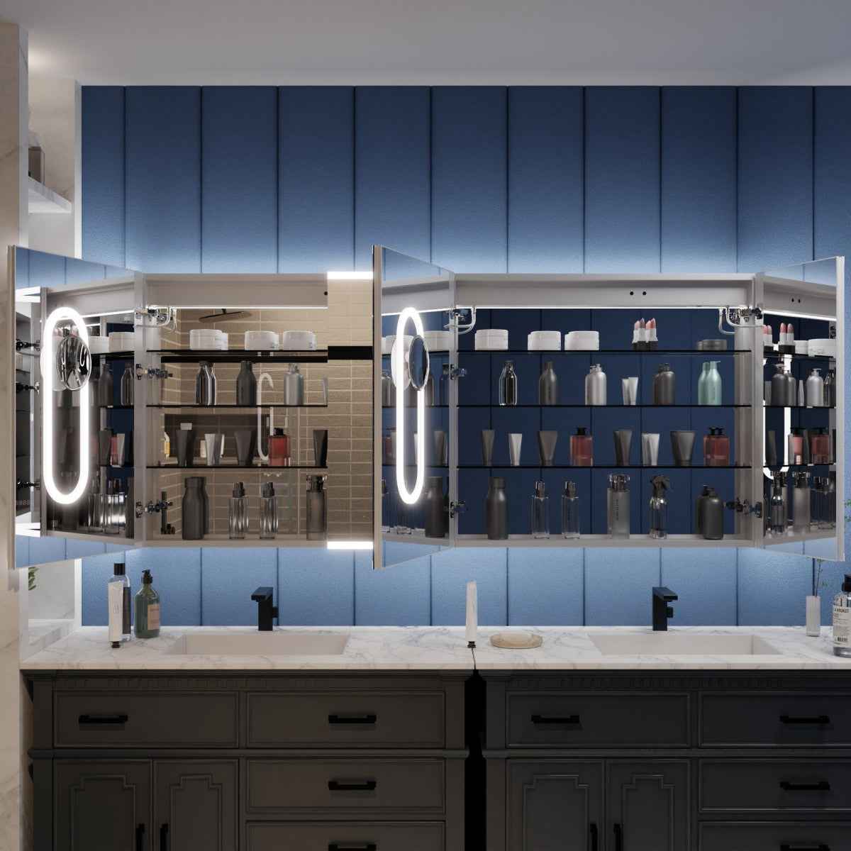Illusion 72 x 36 inch LED medicine cabinet with open mirrored storage