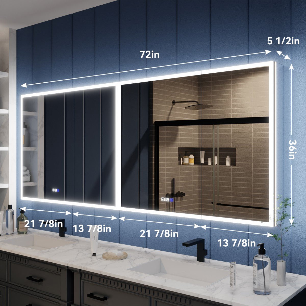 Illusion 72 x 36 inch lighted medicine cabinet installed above a bathroom vanity