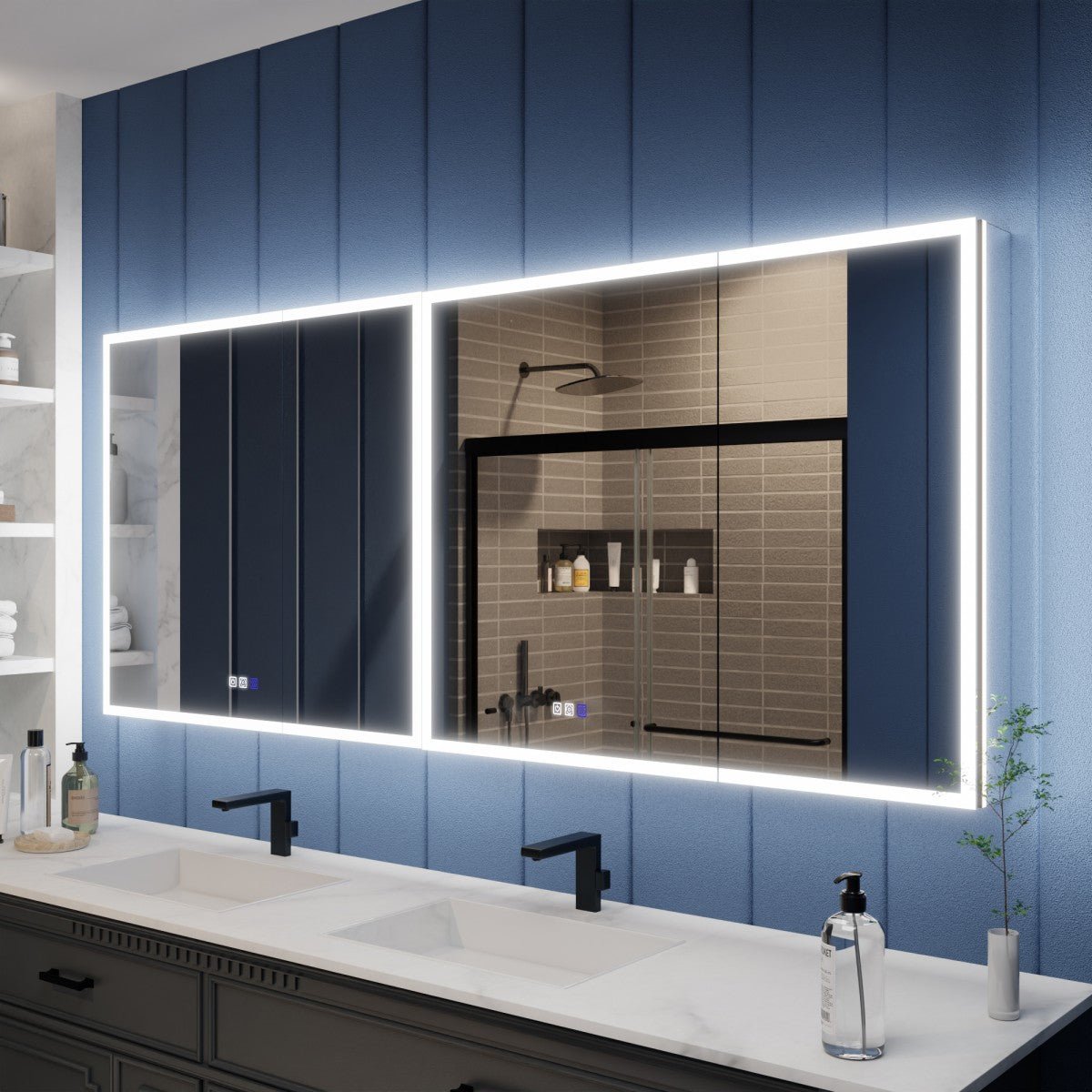 Illusion 76 x 32 inch LED medicine cabinet modular layout and interior storage