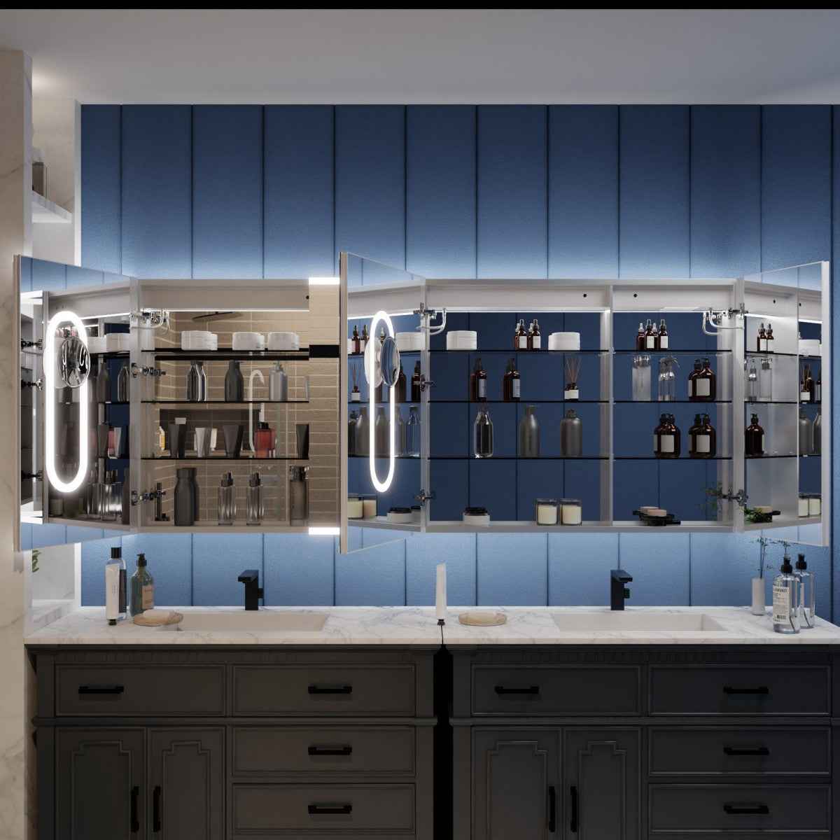 Illusion 76 x 32 inch LED medicine cabinet with open mirrored storage