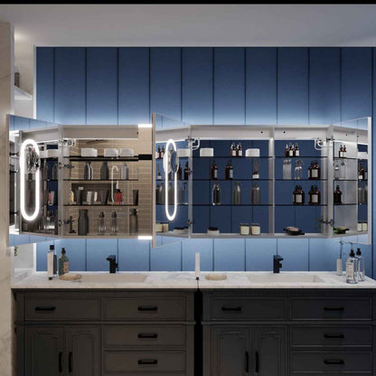 Illusion 76 x 32 inch LED medicine cabinet with open mirrored storage