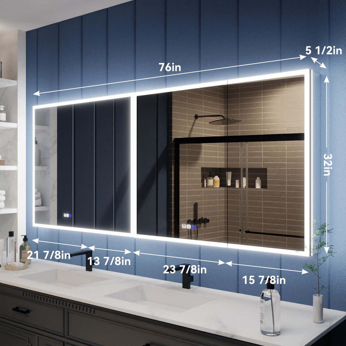 Illusion 76 x 32 inch lighted medicine cabinet installed above a bathroom vanity