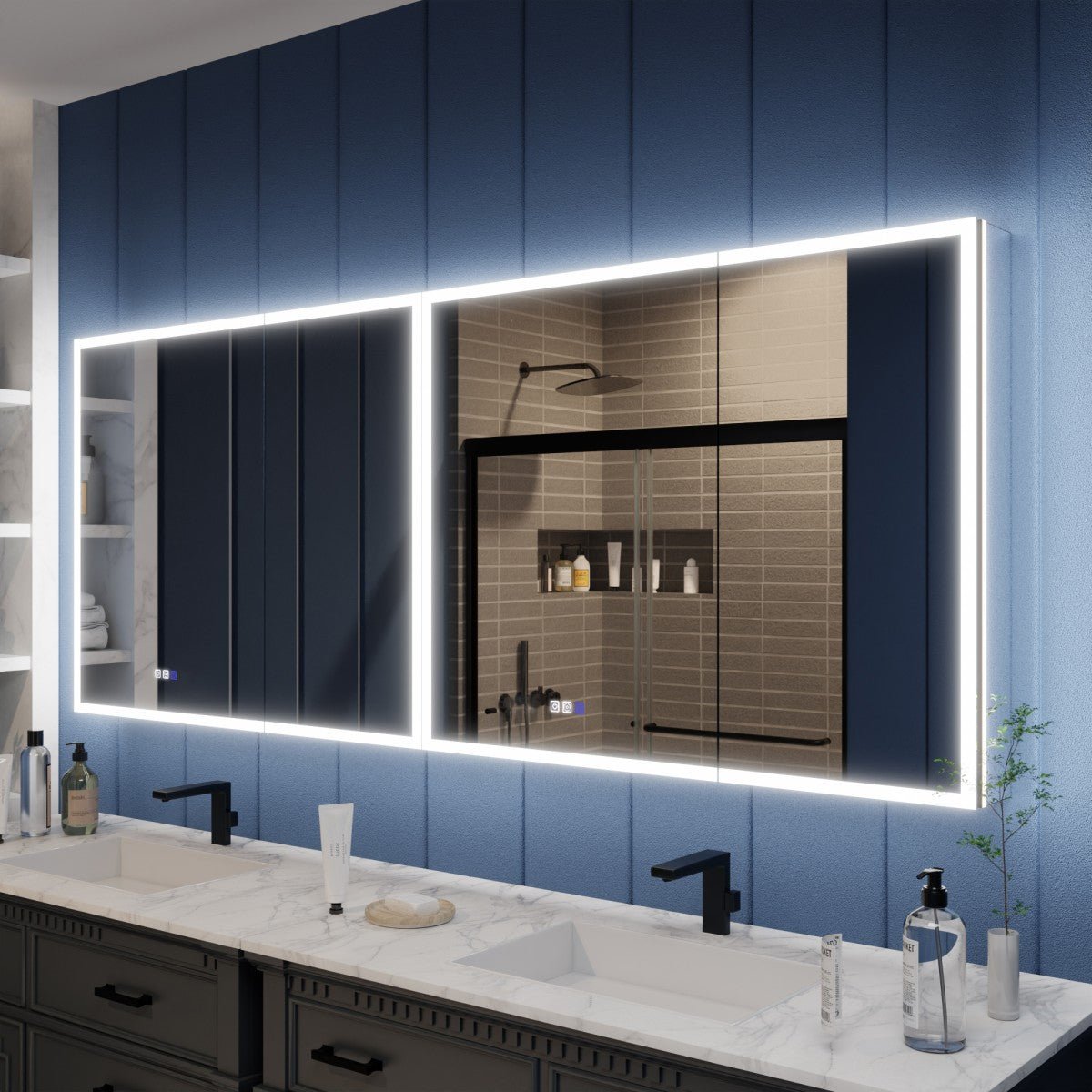 Illusion 80 x 32 inch LED medicine cabinet modular layout and interior storage