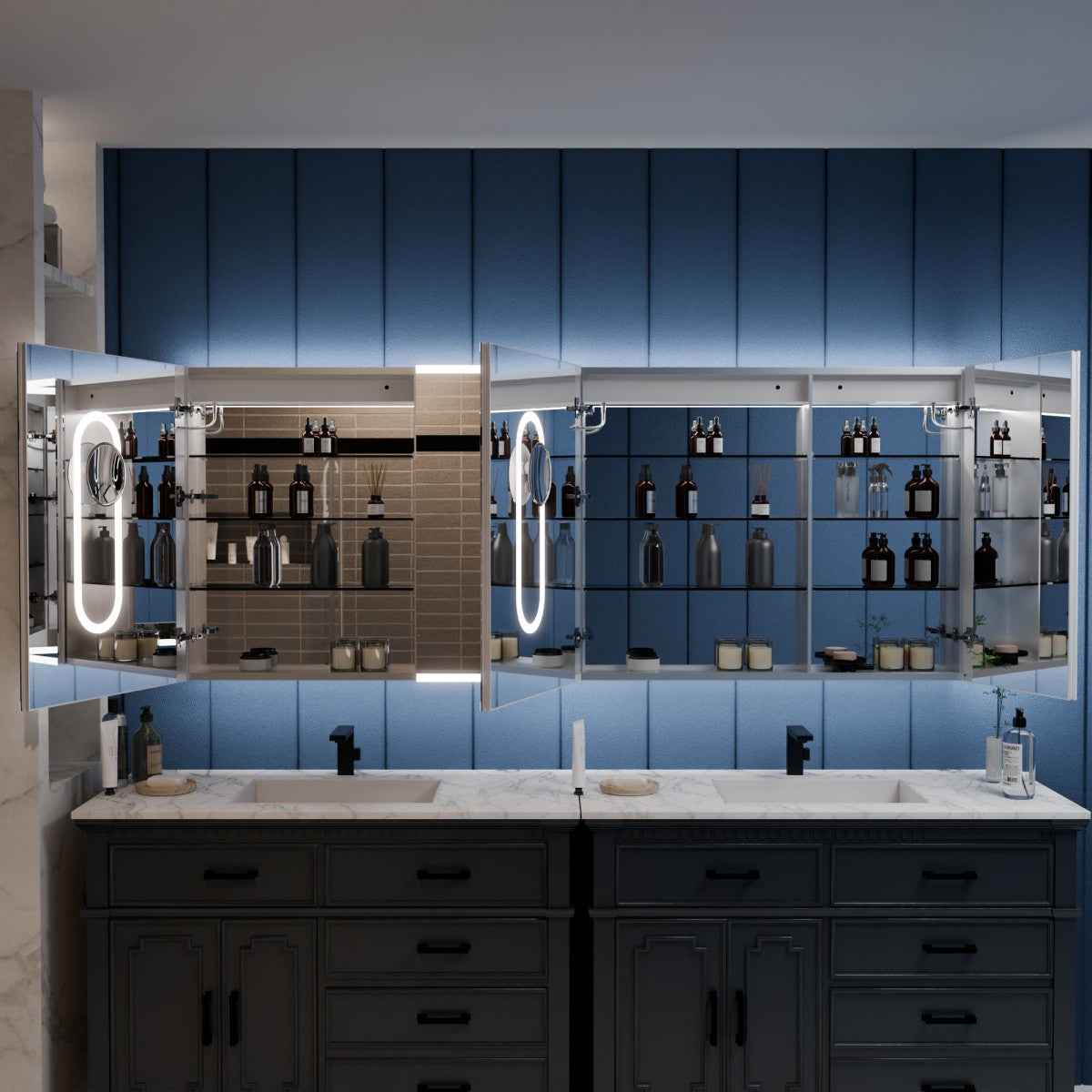Illusion 80 x 32 inch LED medicine cabinet with open mirrored storage