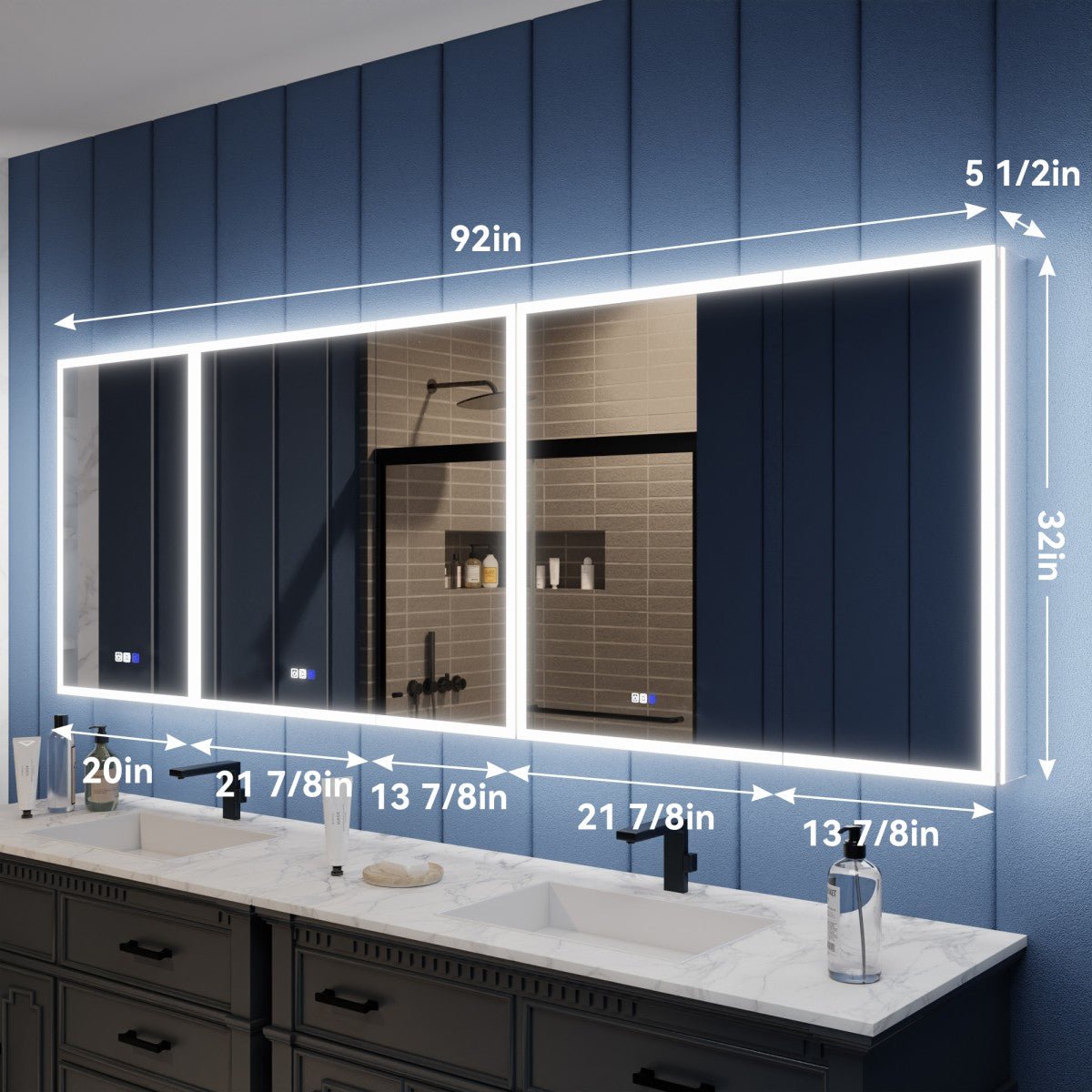 Illusion 92 x 32 inch modular medicine cabinet with three LED units