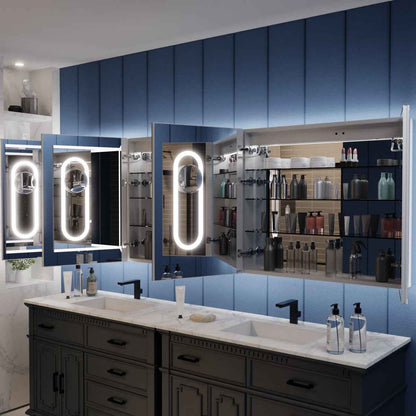 Illusion 92 x 32 inch LED medicine cabinet with open mirrored storage