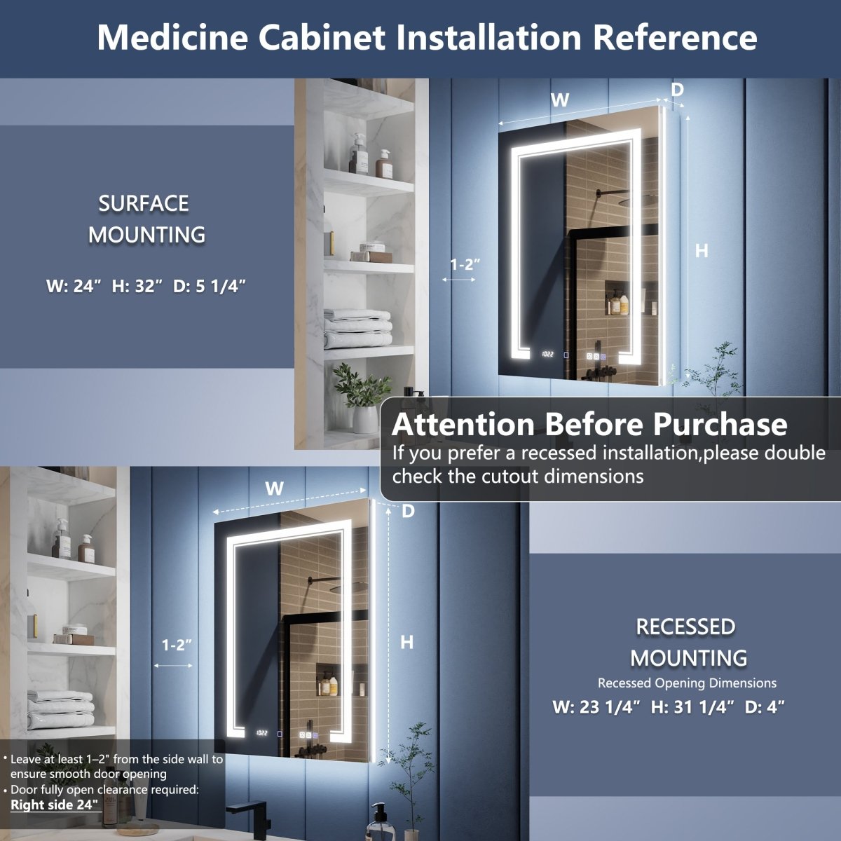 Illusion-B 24 x 32 inch medicine cabinet surface-mount and recessed installation dimensions