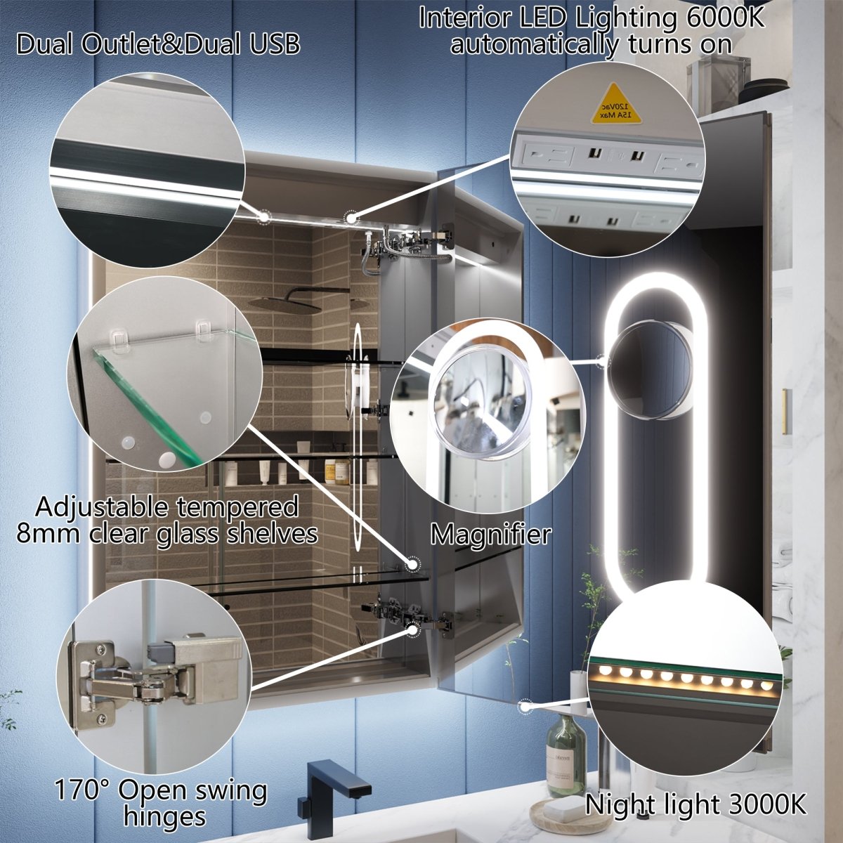Illusion-B 24 x 32 inch LED medicine cabinet interior with USB outlets, magnifier, shelves and night light