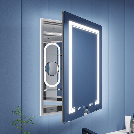 Illusion-B 24 x 32 inch LED medicine cabinet with open mirrored doors and adjustable interior storage