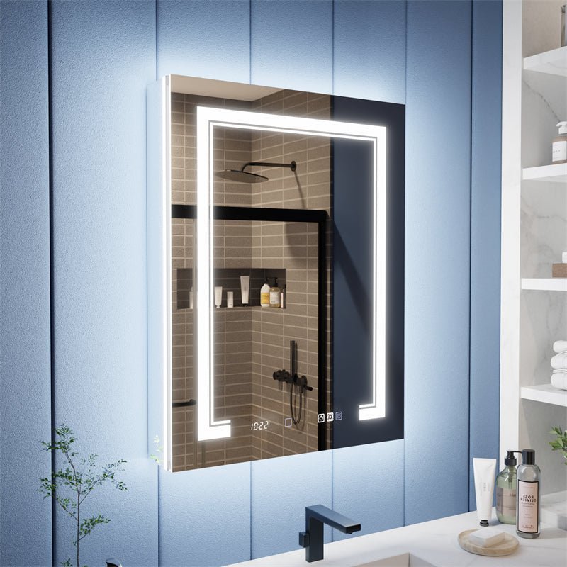 Illusion-B 24 x 32 inch LED medicine cabinet with front and back lighting above a bathroom vanity