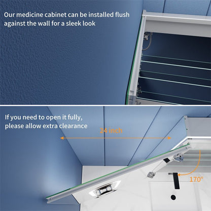 Illusion-B 24 x 32 inch left-hinge LED medicine cabinet mirror with one-touch defogger and automatic shutoff