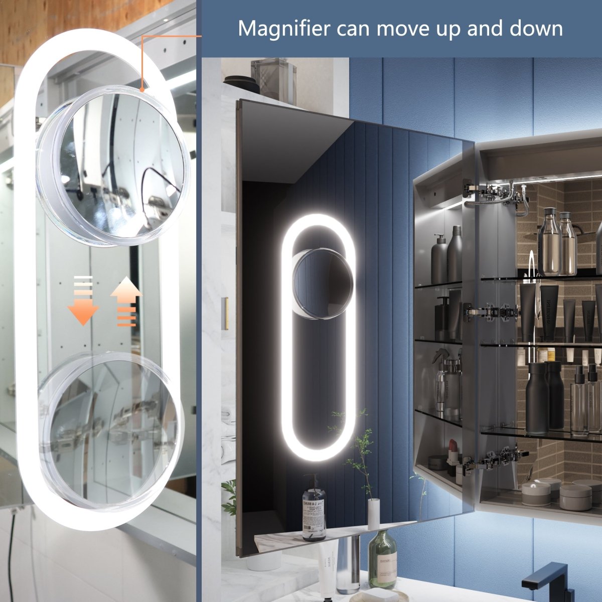 Illusion-B 24 x 32 inch left-hinge LED medicine cabinet with front and back lighting above a bathroom vanity