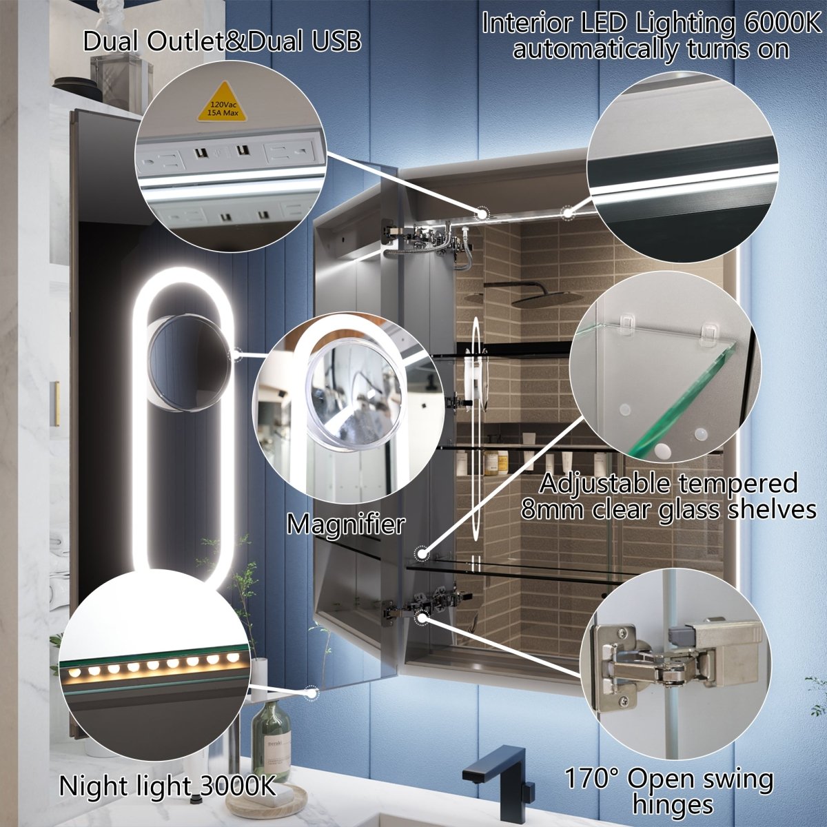 Illusion-B 24 x 32 inch left-hinge LED medicine cabinet interior with USB outlets, magnifier, shelves and night light