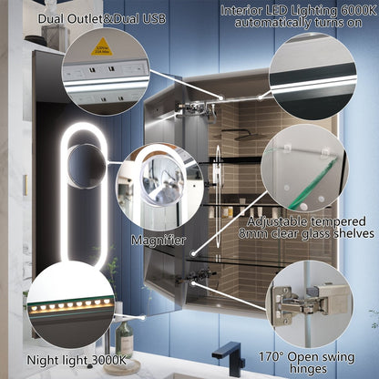Illusion-B 24 x 32 inch left-hinge LED medicine cabinet interior with USB outlets, magnifier, shelves and night light