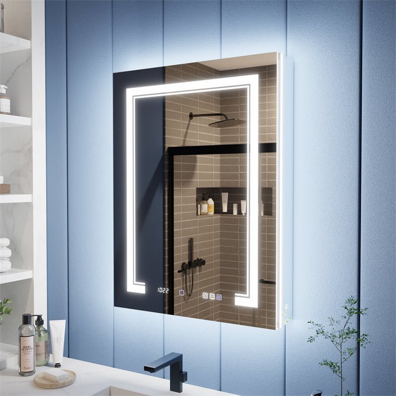 Illusion-B 24 x 32 inch left-hinge LED medicine cabinet with open mirrored doors and adjustable interior storage