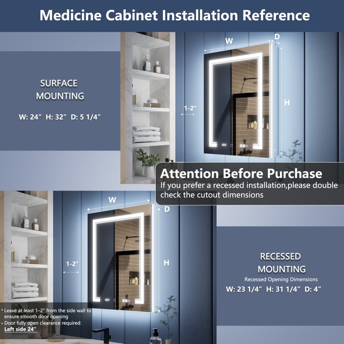 Illusion-B 24 x 32 inch left-hinge medicine cabinet surface-mount and recessed installation dimensions