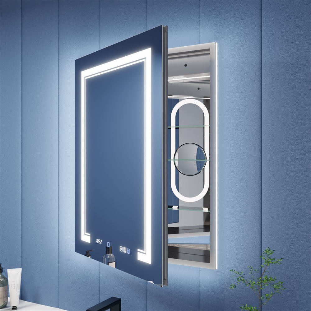 Illusion-B 24 x 32 inch left-hinge LED medicine cabinet with open mirrored doors and adjustable interior storage
