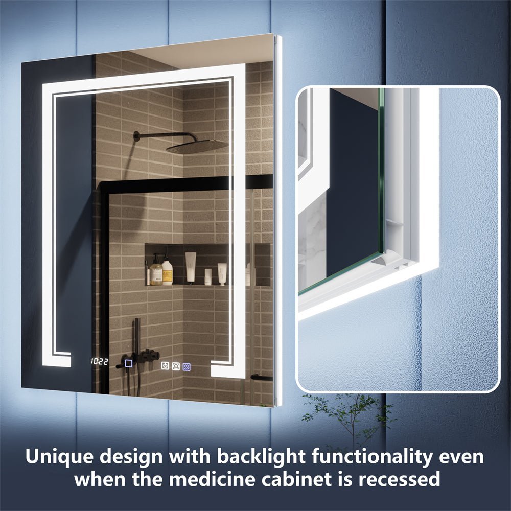 Illusion-B 24 x 32 inch left-hinge recessed LED medicine cabinet with front light and backlight design