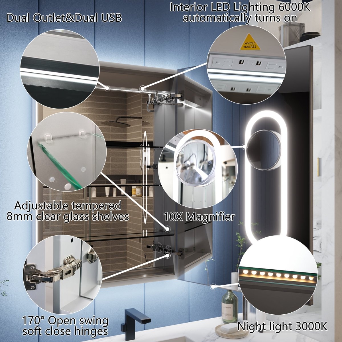 Illusion - B 24" x 36" LED Lighted Inset Mirrored Medicine Cabinet with Magnifiers Front and Back Light, Right Hinge
