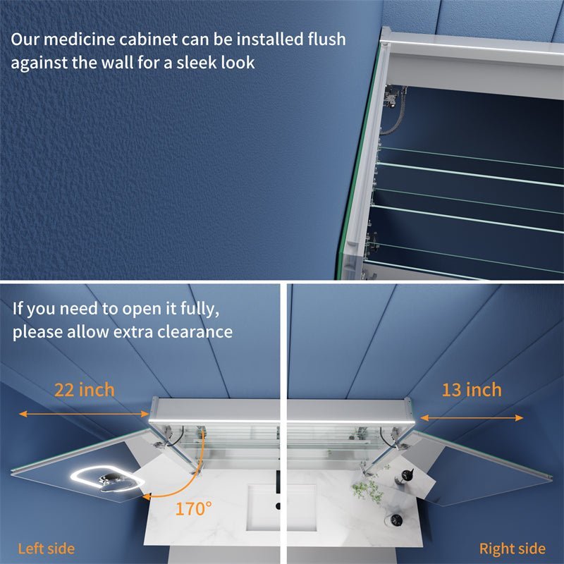 Illusion-B 36 x 32 inch LED medicine cabinet mirror with one-touch defogger and automatic shutoff