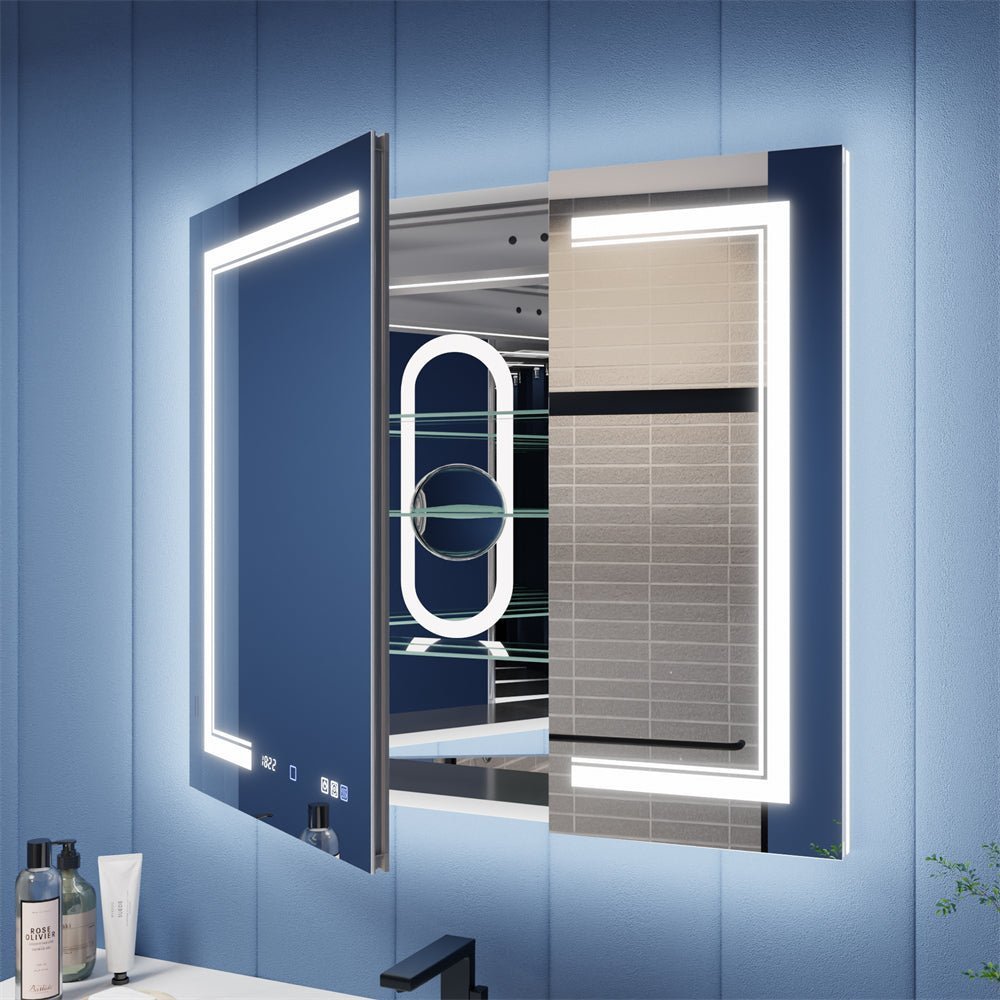 Illusion-B 36 x 32 inch LED medicine cabinet with open mirrored doors and adjustable interior storage