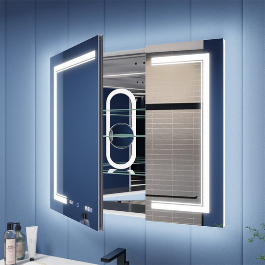 Illusion-B 36 x 32 inch LED medicine cabinet with open mirrored doors and adjustable interior storage