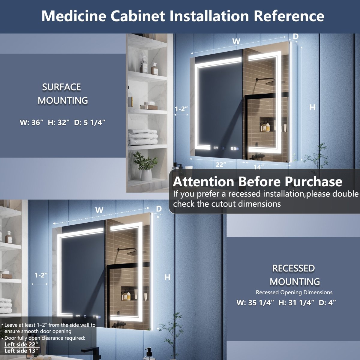 Illusion-B 36 x 32 inch medicine cabinet surface-mount and recessed installation dimensions