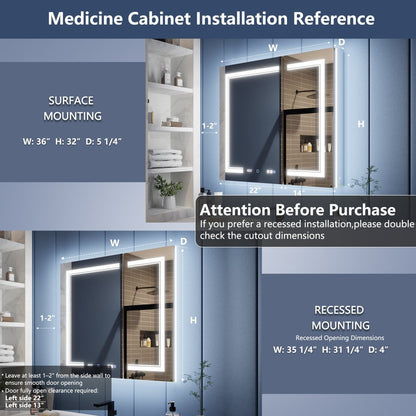 Illusion-B 36 x 32 inch medicine cabinet surface-mount and recessed installation dimensions
