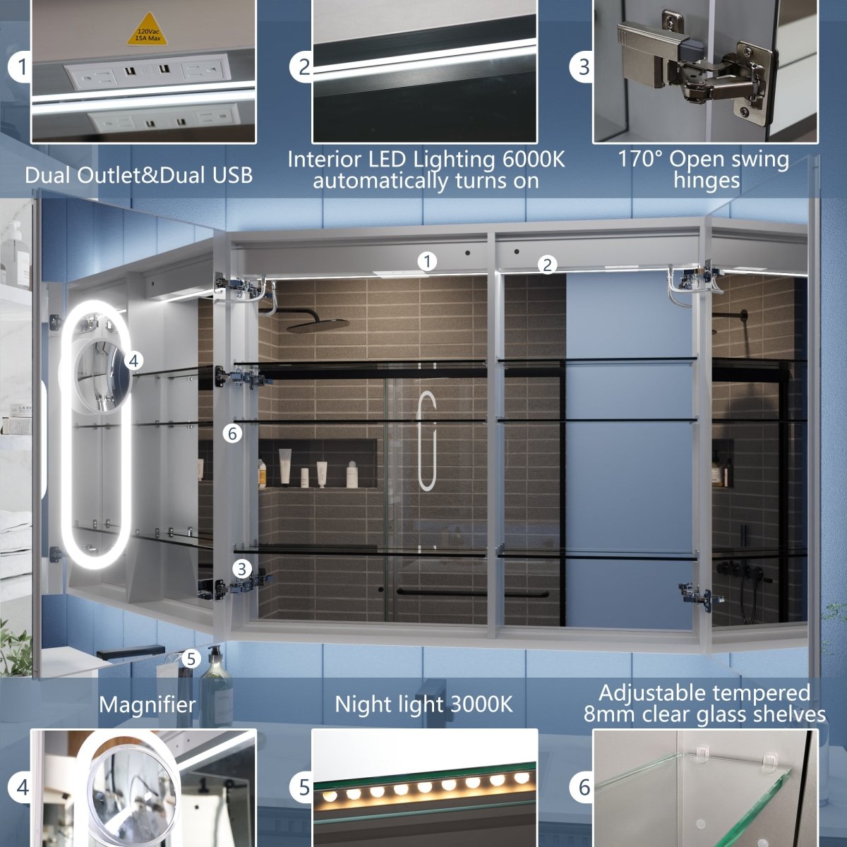 Illusion-B 40 x 32 inch LED medicine cabinet interior with USB outlets, magnifier, shelves and night light